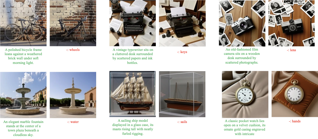 VSF image-generation examples showing source prompts and concepts removed through negative guidance