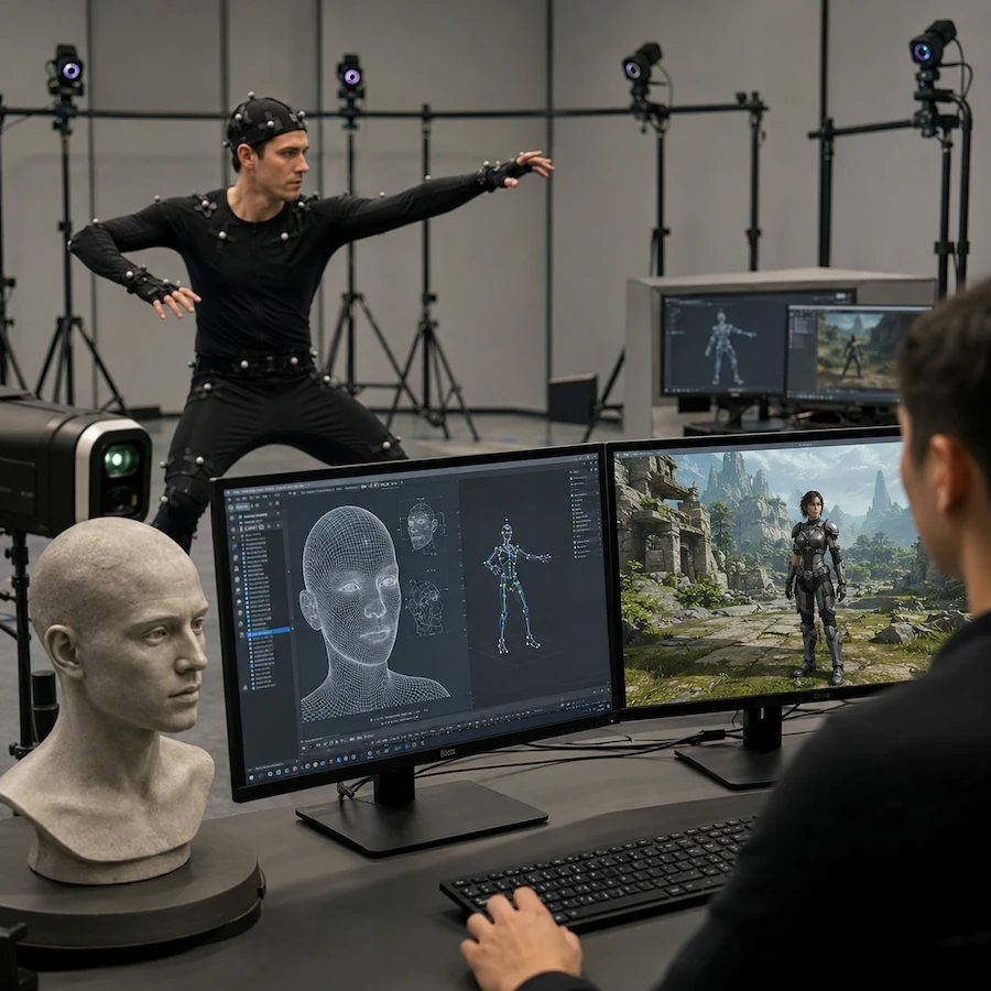 A motion-capture studio with a performer, tracking cameras, a 3D face model, and a generated digital character on workstations.
