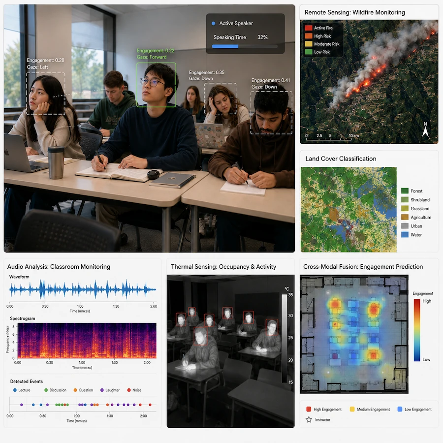 A multimodal analysis dashboard combining classroom vision, wildfire remote sensing, audio, thermal imagery, and an engagement heatmap.